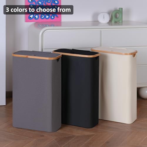 60L Slim Laundry Hamper,Laundry Basket with Lid,Tall Hamper for Laundry,Dirty Cloth Hamper with Bamboo Handle for Toys,Towels, Clothes Organizing,Black - color: Black, size: 60L Slim