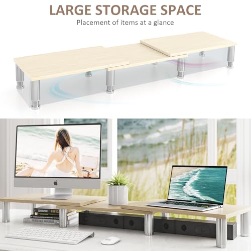 AX Waber Dual Monitor Riser - Adjustable Length & Angle, Wooden Stand for 2 Monitors with Storage - color: Light