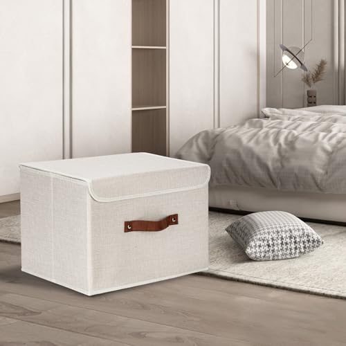 TYEERS Collapsible Storage Boxes, Washable Fabric Storage Bins with Lids, 14.9x9.8x9.8 inches, 2 Pack, Beige - color: Beige, size: 2-pcs 14.9x9.8x9.8 in