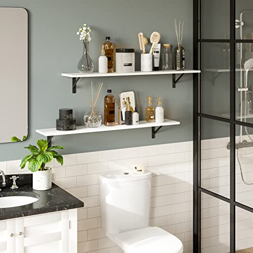 DINZI LVJ Long Wall Shelves, 39.4Inch Wall Mounted Shelves Set of 2, Easy-to-Install, Wall Storage Ledges with Sturdy Metal Brackets for Living Room, Bathroom, Bedroom, Kitchen, White - color: White, size: 39.4 Inch