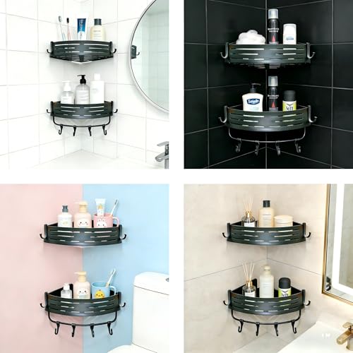 Adhesive Corner Shower Caddy, 2-Tier Rustproof Aluminum， Bathroom Organizer with Towel Hanger, No Drilling， Shower Shelf, Gunmetal Gray - color: Gunmetal Gray