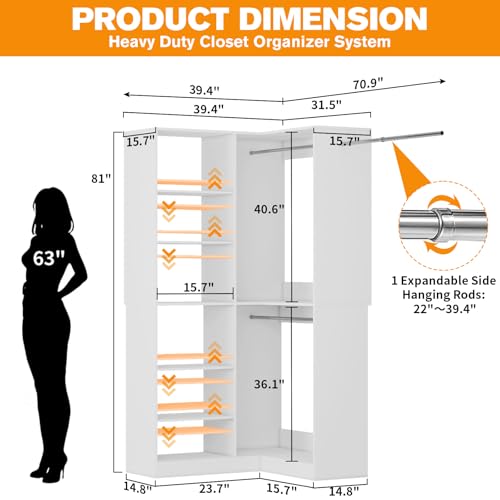 Corner Closet System with 6 Shelves, Custom 39.4"-78.8" Closet Organizer System with 3Hanging Rods, Walk in Corner Closet Organizers and Storage System, Freestanding Closet Storage System Corner,White - color: CL14-White