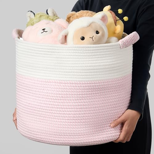 Blanket Basket - Woven Round Rope Storage Basket (16"Wx14"H) for Blankets & Throws, Small Laundry & Toy Organizer, Decorative Living Room & Bedroom Cotton Basket - White & Pink - color: White & Pink, size: Regular-16"Wx14"H