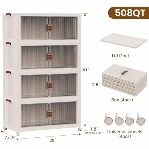 SAILUN 127Gal/508Qt Extra Large Stackable Storage Bins Folding Collapsible Storage Bins with a Lid, Closet Organizers Blush White 28" W x 17" D x 61" H - color: Blush White, size: 1 Lid 4 Pack-28" W x 17" D x 61" H