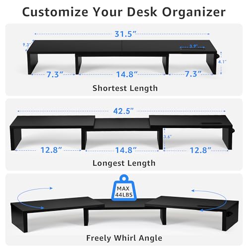 La Jaco Dual Monitor Stand Riser for 2 Monitors, Monitor Stand for Desk, Adjustable Length & Swivel Angle Wooden Desktop Organizer Stand Riser with Smartphone Holder for PC Monitor Laptop, Black - color: Black