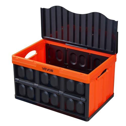VEVOR Plastic Collapsible Storage Bins with Lids, 45L 3Packs, Stackable Folding Storage Crates with Handles, Holds 44 lbs Per Bin, Heavy Duty Containers, Space-Saving Baskets, for Home Organizing - size: 45L-Orange-3PC