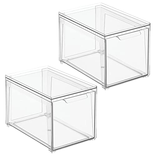 mDesign Plastic Stackable Closet Storage Organizer Bins with Pull Out Drawer for Cabinet, Desk, Shelf, Cupboard, or Dresser Organization - Lumiere Collection - 2 Pack - Clear - size: 8 x 12 x 8 (Pack of 2)