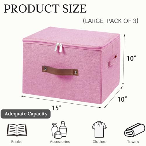 3 Pack Storage Bins with Zipper Lid Fabric Lidded Storage Boxes Baskets Cubes Washable Collapsible PU Leather Handle Cotton Linen Shelves Closet Organizer Container(Pink, Large Size) - color: Pink, size: Large ( Set of 3 )