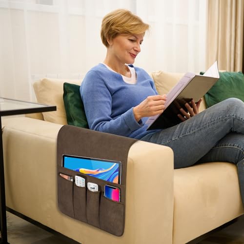 Couch Organizer Remote Control Holder Armchair Caddy, Anti Slip Corduroy Tv Remote Holder Couch Caddy with 5 Pockets for Storage Couch Accessories Bedside Organizer Senior Citizen Gifts - color: Brown