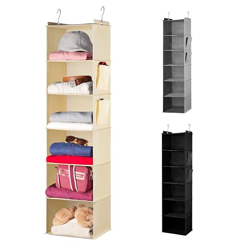 Handy Laundry Hanging Closet Organizer - 6 Shelf Storage for Clothes, Sweaters, Shoes & Accessories - Space-Saving Wardrobe Shelves with Hooks for Dorm, RV & Small Closet Organization (Beige) - color: Beige