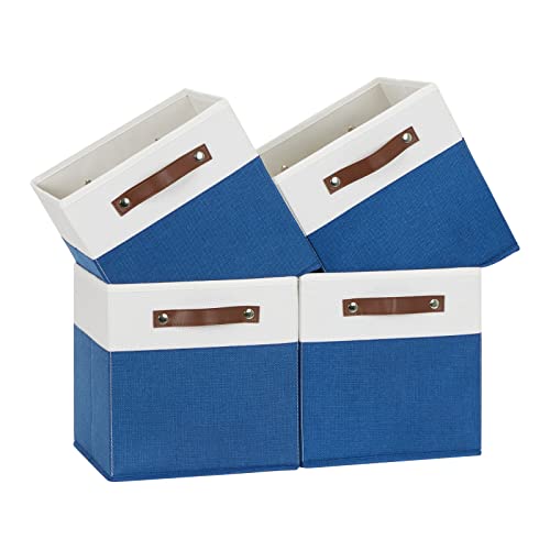 Temary 11 Storage Cube Bins for Shelves, Closet - 4 Pack Fabric Baskets With Leather Handles (White & Blue) - color: White&Blue, size: 11×11×11