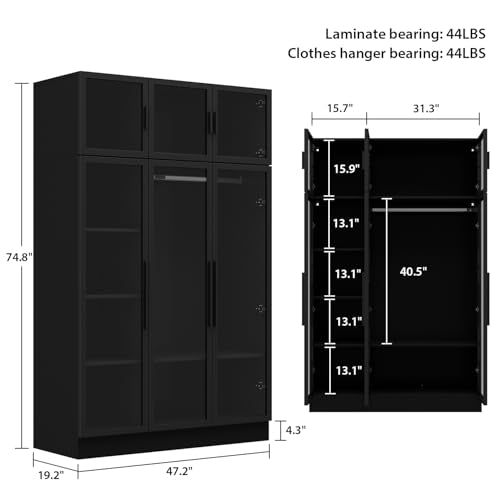 Hitow Glass Display Cabinet with LED Lights, Modern Curio Cabinet with Glass Doors, Tall Glass Display Case with Hanging Rod & 5 Tiers Shelf, Large Black Storage Organizer for Collectibles, 47.2" W - color: 3 Door - Black