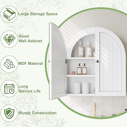 DreamDashio Arched Bathroom Cabinet Wall Mounted with Doors, Adjustable Shelves, Medicine Cabinet Over The Toilet, Wall Cabinet, Storage Cabinet for Bathroom, Laundry Room, Kitchen, White - size: 27.6"H x 23.6"W x 5.9"D
