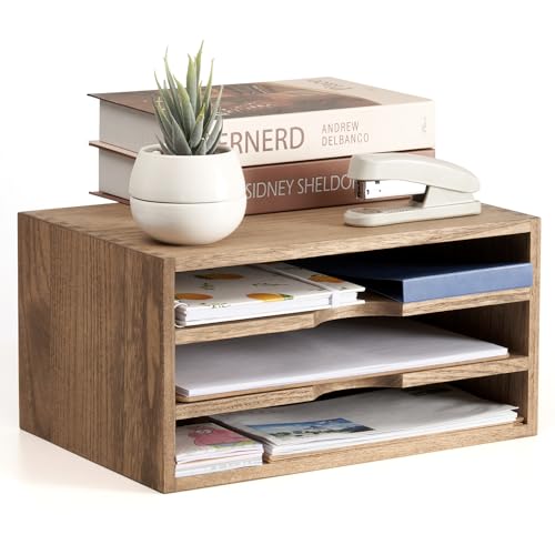 KIRIGEN Wooden Desktop Organizer Paper Storage Letter Tray File Sorter with 3 Layer Trays - Desk Rack Magazine File Dividers Holders for Home Office Accessories Dark Brown (3KWJG-DBR) - color: Dark Brown, size: 3 layer-0 drawers