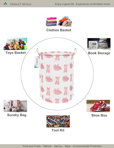 Round Collapsible Laundry Hamper for Girls,Cute Pink Dance Shoes Print Storage Bin, Waterproof Toy Storage for Kids Room, Nursery, Playroom, New Parent Gift (Pink lace dance shoes) - color: Pink lace dance shoes