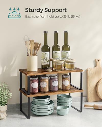 SONGMICS Cabinet Organizer Shelf, Set of 4 Kitchen Counter Shelves, Kitchen Storage, Spice Rack, Stackable, Expandable, Metal and Engineered Wood, Ink Black and Rustic Brown UKCS022X01 - color: Ink Black + Rustic Brown, size: 15.6"W