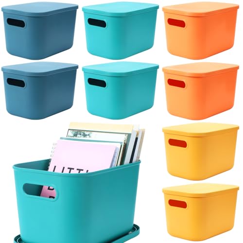 Hoolerry 8 Pieces Colorful Storage Bins with Lid, Plastic Storage Basket Organizing Container Stackable Box with Handle for Shelves Desktop Playroom Office(10.2 x 7 x 6.3 Inch,Multi-colored) - color: Multi-colored, size: 10.2 x 7 x 6.3 Inch