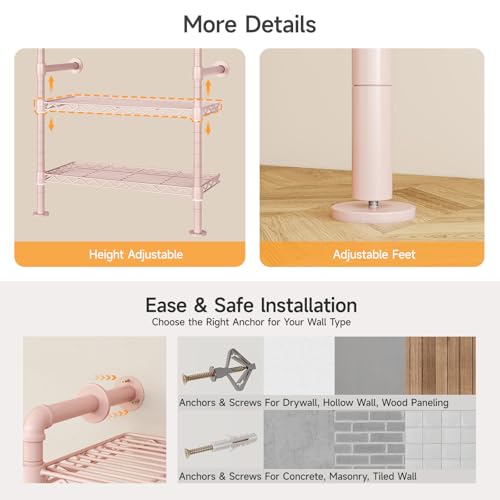 ONBRILL H4 Wall Mounted Closet System, Expandable Industrial Pipe Clothes Rack Clothing Rack for Hanging Clothes, Heavy Duty Closet Organizers and Storage in Wardrobe Closet - color: Pink