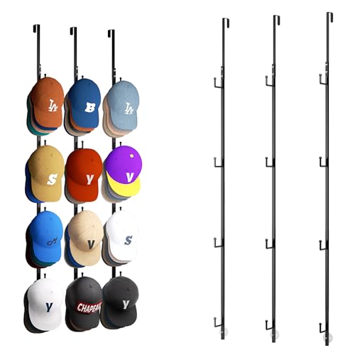 HapiRm Over Door Hat Rack - 3 Packs Hat Organizer with 12 Hooks Design, Hanging Baseball Cap Organizer Storage Holds Up to 60 Caps for Door, Bedroom, Closet (Black) - color: Black, size: 3 Pack