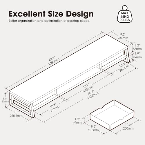 Fenge Dual Monitor Stand, Monitor Riser with Drawer, 42.5 Inch Large Computer Monitor Stand for 2 Monitors, 2 Tier Wooden Desk Shelf for Top of Desk - color: Brown