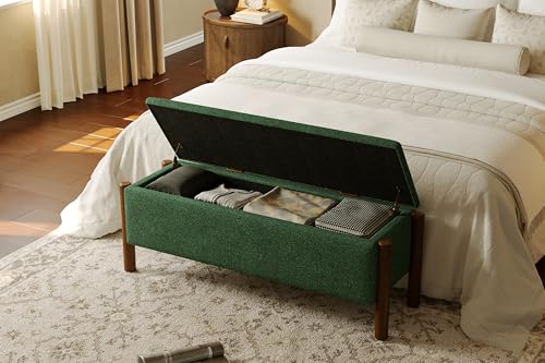 Modern Storage Benches with Walnut Wood Legs, 47'' Ottoman Bench with 20 Gallons Storage Space for Bedroom End of Bed, Fabric Upholstered Entryway Bench with Seating for Livingroom, Green - color: Green