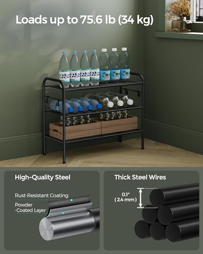 SONGMICS Shoe Rack, 3-Tier Shoe Organizer, Metal Shoe Shelf Storage with 4 Side Hooks, Holds 12 Pairs of Shoes, Height-Adjustable Shoe Rack for Entryway, Hallway, Closet, Ink Black ULMR068B01 - color: Ink Black, size: 3 Tiers (26.7"W)