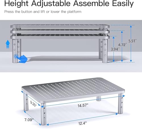 HUANUO Monitor Riser - 3 Height Adjustable Stand for Laptop, Computer, iMac, PC, Printer, Desktop Ergonomic Metal Monitor Riser with Mesh Platform - color: White