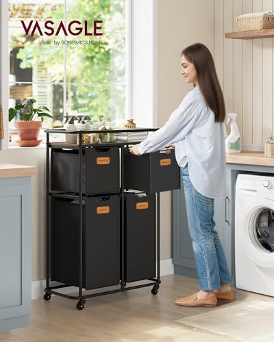 VASAGLE Laundry Sorter, Laundry Hamper with Wheels, 39.6 Gal. (150 L) Portable Rolling Cart Baskets with Shelf, 4 Removable Liners and 6 Labels, Ink Black and Chestnut Brown URLS100B01 - size: 4 Bags