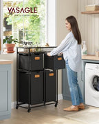 VASAGLE Laundry Sorter, Laundry Hamper with Wheels, 39.6 Gal. (150 L) Portable Rolling Cart Baskets with Shelf, 4 Removable Liners and 6 Labels, Ink Black and Chestnut Brown URLS100B01 - size: 4 Bags