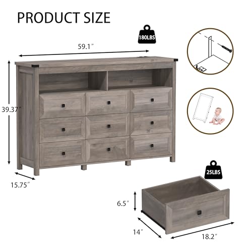 Dresser for Bedroom with 9 Drawers, Wide Chest of Drawers with LED Light and Power Outlet, Wooden Closet Organizer Clothes Storage Cabinet, Modern Double Dressers for Living Room, Hallway, Grey - color: Grey, size: 15.8"D x 59.1"W x 39.4"H (9 Drawers)