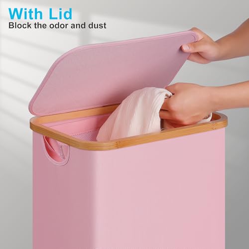 efluky Slim Laundry Basket with Wheels, Narrow Rolling Laundry Hamper with Lid and Removable Bag, Tall Aesthetic Dirty Clothes Hamper on Wheels for Laundry Room, Bedroom, Dorm and Bathroom, 75L Pink - color: Pink, size: 75L