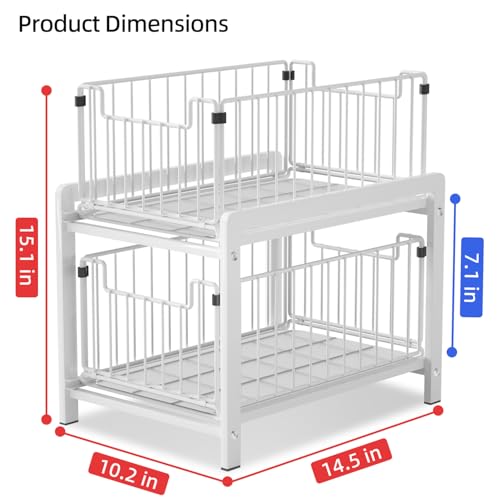 2 Tier Sliding Basket Drawer Organizer, Lxmons Pull Out Under Sink Cabinets Organizers, Metal Home Shelf for Bathroom or Kitchen, Sliding Countertop or Pantry Storage Shelf, Large White - color: White