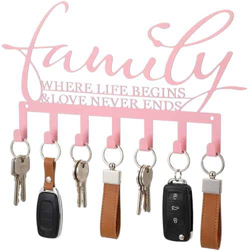 Hicarer Family Key Holder Metal Hooks Decorative Hanger Pink Rack Wall Mount Organizer with Screws and Anchors for Keys Hat Kitchen Entryway Front Door Home Decor - color: Pink, style: Classic Style