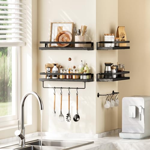 AMADA HOMEFURNISHING Bathroom Shelves with Towel Bar, Floating Shelves, Wall Shelves for Bathroom/Living Room/Kitchen/Bedroom, Black, Set of 2 - AMFS01B - color: Black
