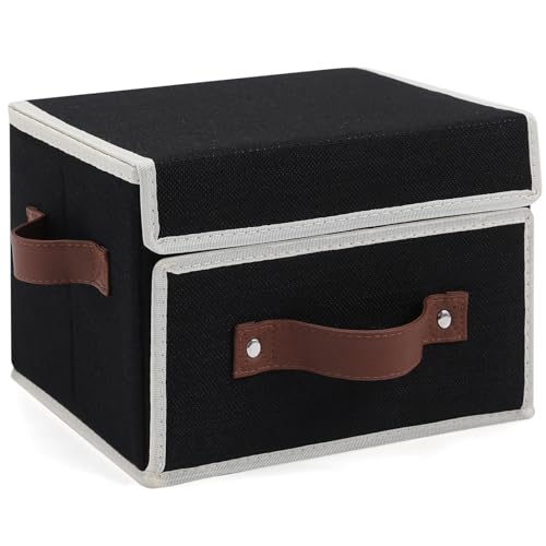 Storage Bins Box with Lids Front Opening Window Decorative Cotton Linen Fabric Basket PU Leather Handles Washable PP Plastic Board Foldable Shelf Closet Organizer Container (Black, Small) - color: Black, size: Small ( Pack of 1 )