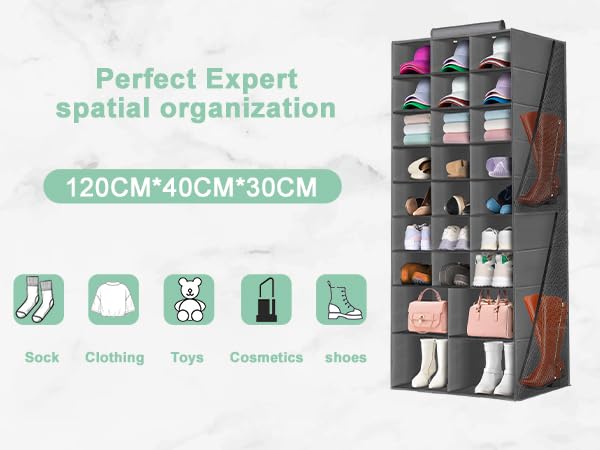 Hanging Shoe Organizer for Closet, Closet Hanging Shoe Storage Rack Holder Shelves,Collapsible Shoe Closet Organizers and Storage with 4 Large Side Pockets,25 Sections for Shoes,Hats,Clothes(Gray) - style: 3-Column Hanging Organizer