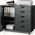 5-Drawer Wood Drawer Cabinet, Office Storage Cabinet with Adjustable Shelf & Wheels, Printer Stand for Home Office, Black, 15.7" D x 30.7" W x 25.4" H - color: Black