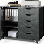 5-Drawer Wood Drawer Cabinet, Office Storage Cabinet with Adjustable Shelf & Wheels, Printer Stand for Home Office, Black, 15.7" D x 30.7" W x 25.4" H - color: Black