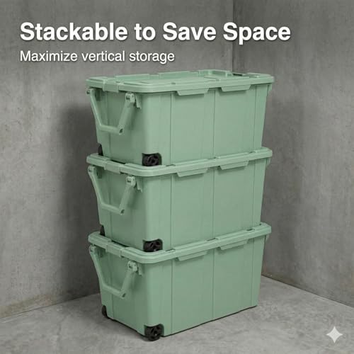 40 Gallon Wheeled Storage Tote with Lid – Heavy Duty Rolling Storage Bin with Ergonomic Handle & Secure Latches – Large Plastic Stackable Container for Garage Basement Workshop (Green) - size: Green