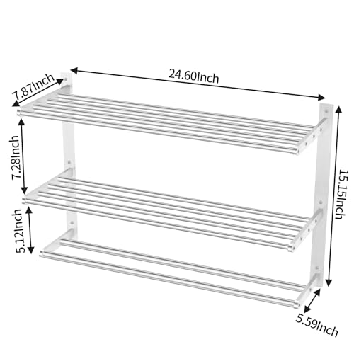 Towel Racks for Bathroom Wall 24 Inch, 3 Tier Bathroom Towel Shelf with Double Towel Bar, Stainless Steel Towel Rack with Towel Shelf, Towel Hanger Holder for Bathroom Towel Storage, Brushed Nickel - color: Brushed-nickel, size: 24IN (2 Bar)