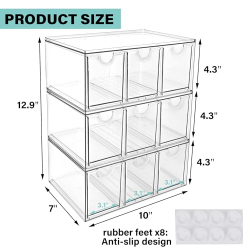 Prsildan Acrylic Makeup Organizer, 3 Pack Stackable Storage Drawers with 9 Drawers for Office Desk Vanity Craft Room Clear Drawer Organizers for Hair Accessories Art Supplies Cosmetics Modular System - style: Style3-9Drawers
