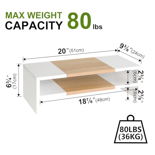 TEAMIX 2 Tiers Desktop Monitor Stand Riser 20 Inch Printer Stand with Storage Small TV Riser Laptop Wooden Desk Organizer Shelf Bookshelf Maple (White+Maple, 2 Tiers) - color: White+maple