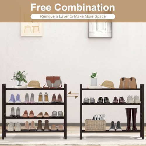 Haddockway Bamboo Shoe Rack for Closet, Free Standing Shoe Organizer with Smooth Round Rods & Convenient Handles, Stackable Shoe Storage Shelf for Entryway, Hallway(Brown, 4-Tier) - color: Brown, size: 4-Tier_Standard