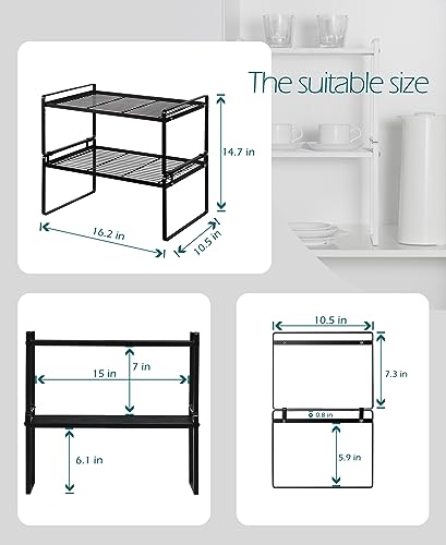 Shantton 2Pack Kitchen Cabinet Shelf Counter Organizer Rack Pantry Storage Bathroom Bedroom Office Table Desk Space Saving Stackable Rust Resistant Non Slip Black Wide L16.1in W10.6in H7.3in - color: Black, size: L16.1'' W10.6'' H7.3''
