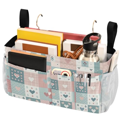 Bedside Caddy Hanging Storage Bag Simple Checkered Hearts Bedside Organizer Caddy for Bunk, Dorm Room, Hospital Beds - Place Magazines / Remotes / Keys