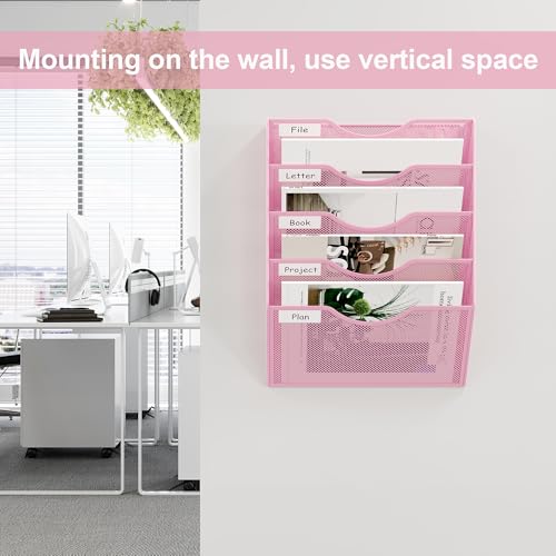 EasyPAG Wall File Organizer 5 Tier Hanging Paper Folder Holder, Zero Assembly Metal Mesh Wall Mounted Mail Organizer for Office Home Classroom Narrow Spaces, Pink - color: Pink, size: 5 Tier