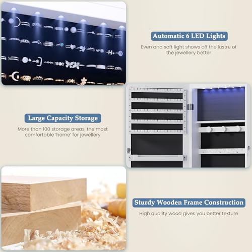 DUMOS 6 LEDs Mirror Jewelry Cabinet, Wall or Door Mounted Jewelry Organizer, 47.2-Inch Tall Lockable Large Capacity Cosmetic Storage, Gift Idea - color: White, size: Wall or Door Mounted -47.24 Inchs