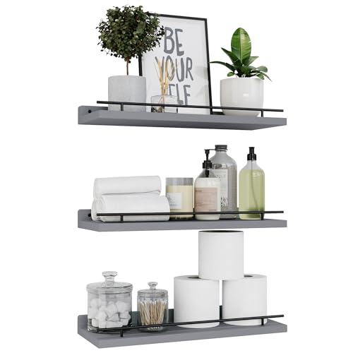 WOPITUES Floating Shelves with Black Metal Guardrail, Shelves for Wall Decor Set of 3, Wall Shelves for Bedroom, Bathroom, Kitchen, Living Room, Plants, Picture Frames, Art- Grey - color: Grey, size: 15.7 inch