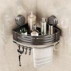 VOLPONE Corner Shower Caddy Suction Cup Shower Shelf Corner No Drilling Bathroom Shower Organizer Storage Rack Adhesive with Towel Bar Hooks(1-Pack, Gray) - style: Suction cup triangle with towel bar hooks 1 Tier gray