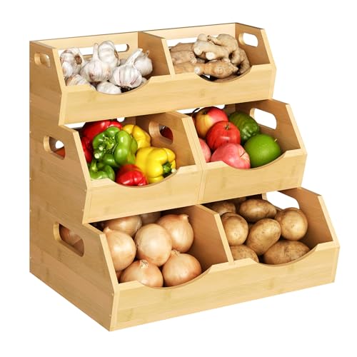 Onion Storage Bins Potato, 3 Tier Bamboo Pantry Storage Bin Stackable Ventilated Kitchen Organizer for Pantry, Countertop, Bathroom, Space-Saving, Easy Access Handle Natural Brown - color: Natural Brown